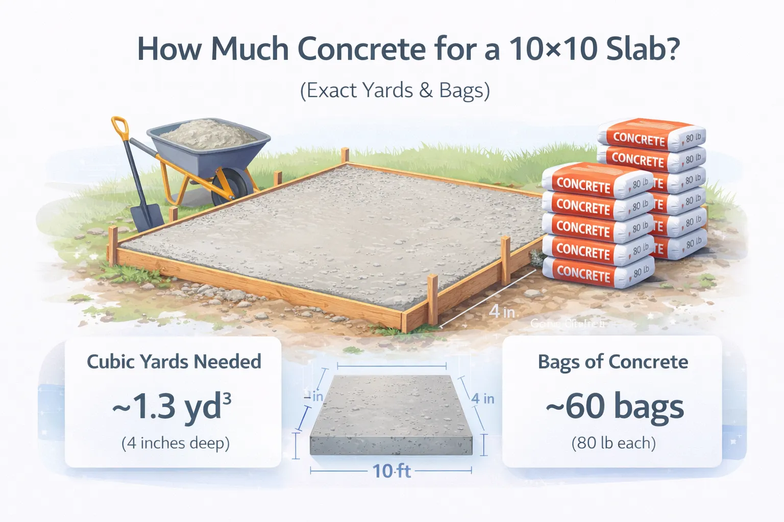Concrete calculator showing exact yards and bags needed for 10x10 slab