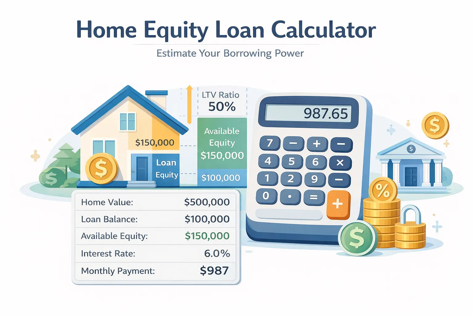 Home Equity Loan Calculator 2026 - Calculate monthly payments, interest, and borrowing power